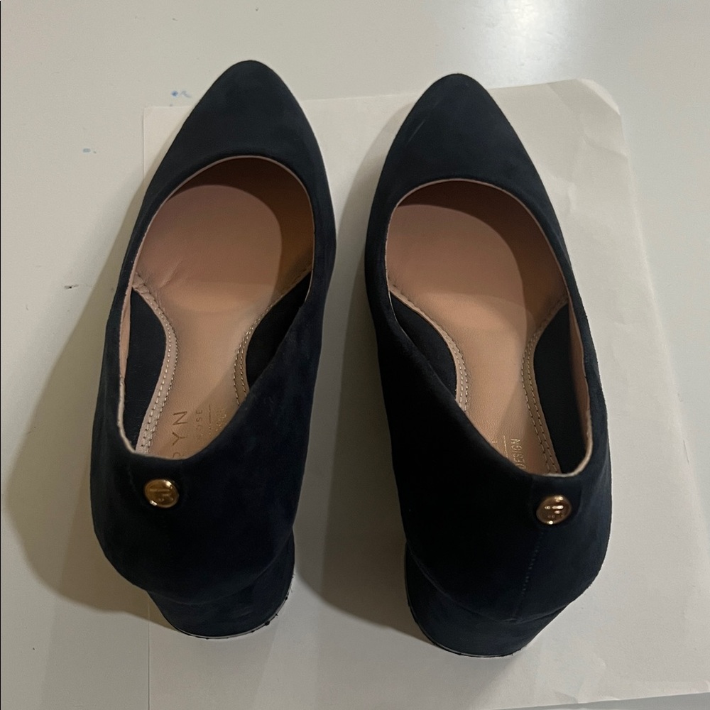 Zara Navy Pointed Toe Suede Flats with Gold Accent